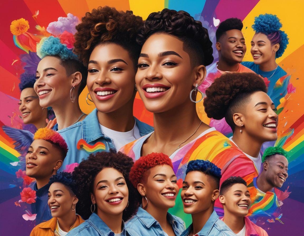 A vibrant collage showcasing diverse individuals from the queer community, each expressing joy and pride in their unique stories. Include symbols of love and acceptance, like rainbows and hearts, intertwined with powerful quotes about triumph over adversity. The background should be a colorful explosion of abstract shapes representing freedom and diversity. super-realistic. vibrant colors. 3D.