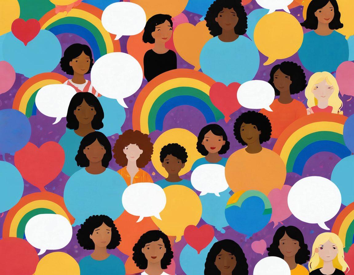 A vibrant digital collage showcasing diverse LGBTQ+ individuals engaging in an online community setting, with colorful chat bubbles and symbols of unity like rainbows and hearts. Include elements representing different cultures and gender identities, as well as symbols of support like pride flags and inclusivity icons. The background should radiate warmth and acceptance, symbolizing a safe space for conversation. super-realistic. vivid colors. dynamic composition.